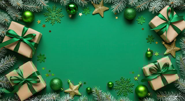 Festive Christmas arrangement with gifts, ornaments, snowflakes, and stars on a vibrant green background. photo