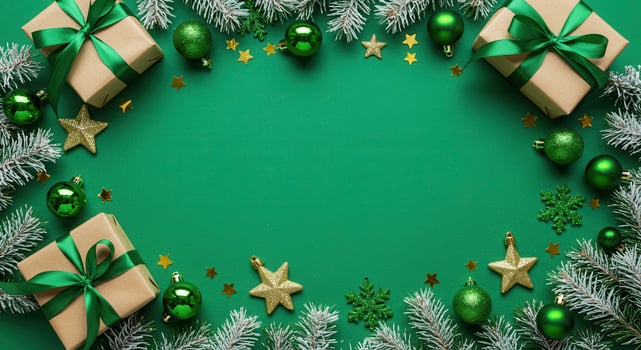 Festive Christmas frame arrangement with gift boxes, green ornaments, gold stars, and frosted pine branches on a vibrant green background with copy space. photo