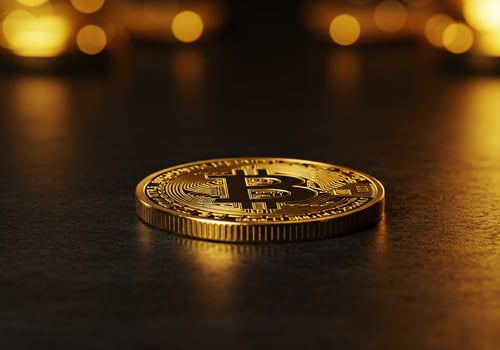Bitcoin Coin Standing on Wooden Surface with Blurred Lights photo