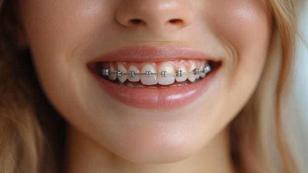 Teen girl smiles showing braces during a sunny afternoon in a park photo