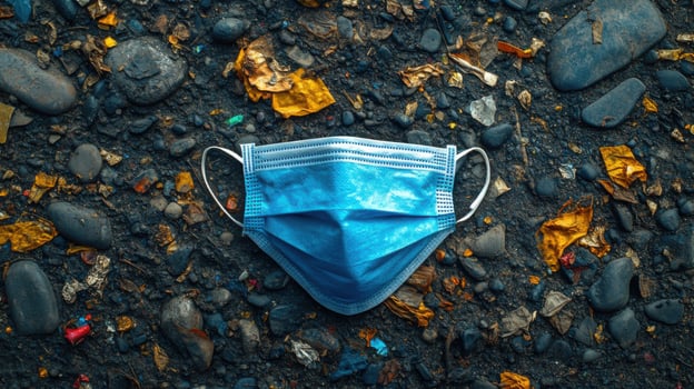 Discarded face mask resting on a bed of colorful debris on the ground in an urban setting after the pandemic photo