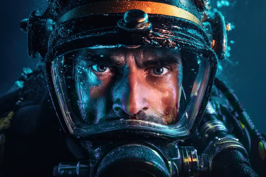 Focused scuba diver wearing a helmet with water droplets and reflections visible on the visor. The expression is intense, with an emphasis on the eyes and underwater equipment details photo