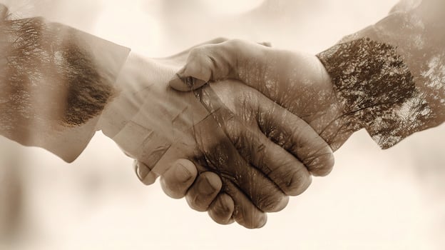 Two people shaking hands in front of a blurry background photo