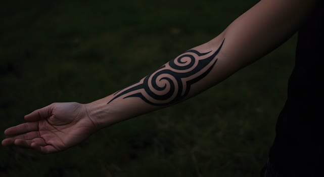 Black tribal tattoo on the forearm with swirling patterns shown against a dark grassy background during twilight photo
