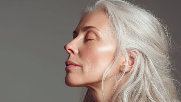 A woman with white hair and eyes closed photo
