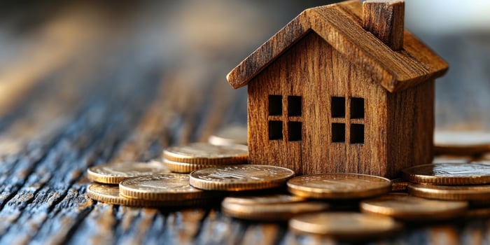 Small wooden house figurine on a pile of coins representing investment and savings in real estate photo