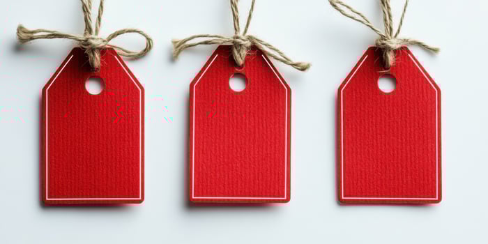 Red tags with strings on a white background, perfect for gift wrapping or crafting supplies photo