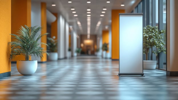 Bright indoor corridor decorated with plants and modern lighting in a contemporary building photo
