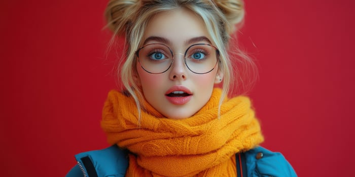 Girl with bright blue eyes wearing large glasses and a yellow scarf against a vibrant red background photo
