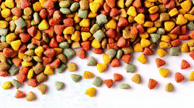 A pile of colorful dog food on a white surface photo