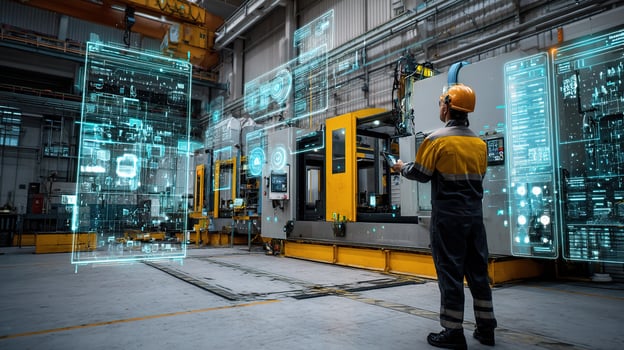 A man in a hardhat standing in front of a machine photo