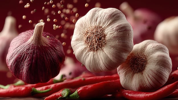 Vibrant close up of garlic bulbs and chili peppers for spicy food concepts photo