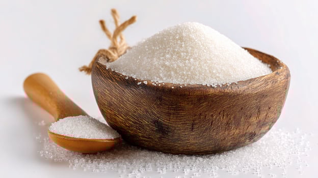 A wooden bowl filled with sugar and a spoon photo
