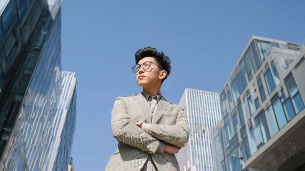 A young man in glasses standing in front of tall buildings photo