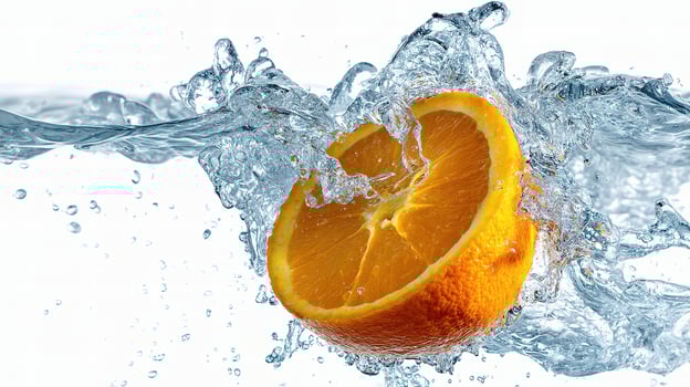 A slice of orange is being splashed with water photo
