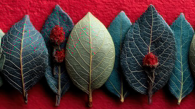 Natural pattern of leaves and berries creates a textured background image photo