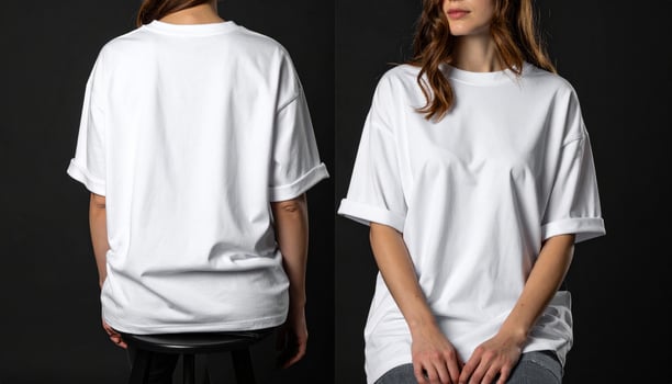 Woman in oversized white t shirt sitting on stool with moody light photo