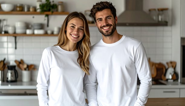 Couple Wearing White Long Sleeve T Shirts in Cozy Kitchen Scene photo