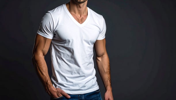 Muscular man wearing white v neck t shirt in studio lighting photo