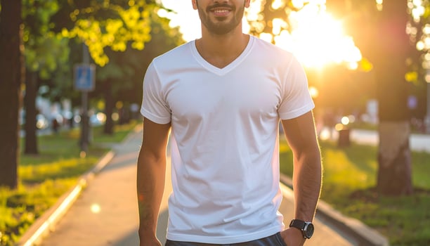 Middle Eastern man in white V-neck T-shirt in city park photo
