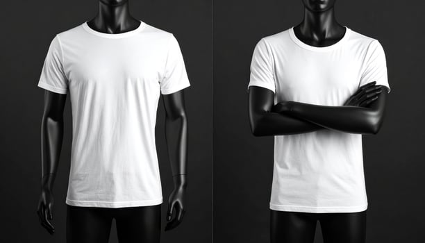 Folded Arm Mannequin Wearing White Raglan T-Shirt on Black Reflective Floor photo