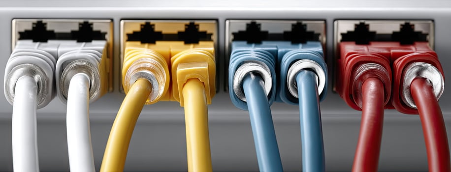 A close up of several colored cables connected to a wall photo