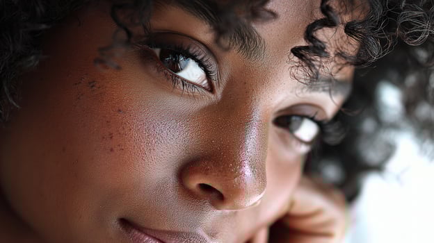 A close up of a woman with curly hair photo