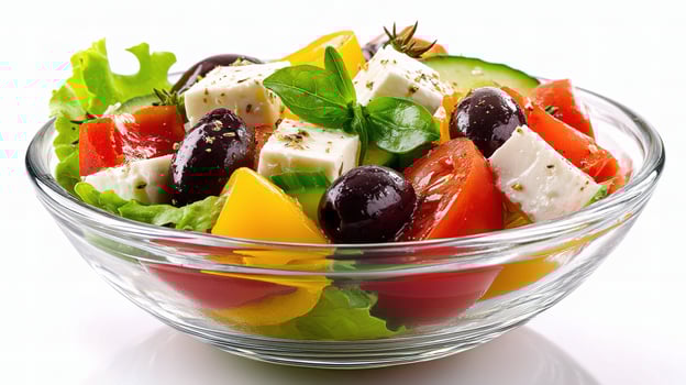 A bowl of salad with tomatoes, cucumbers, and feta cheese photo
