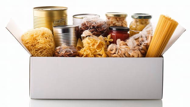 A box filled with canned food and pasta photo