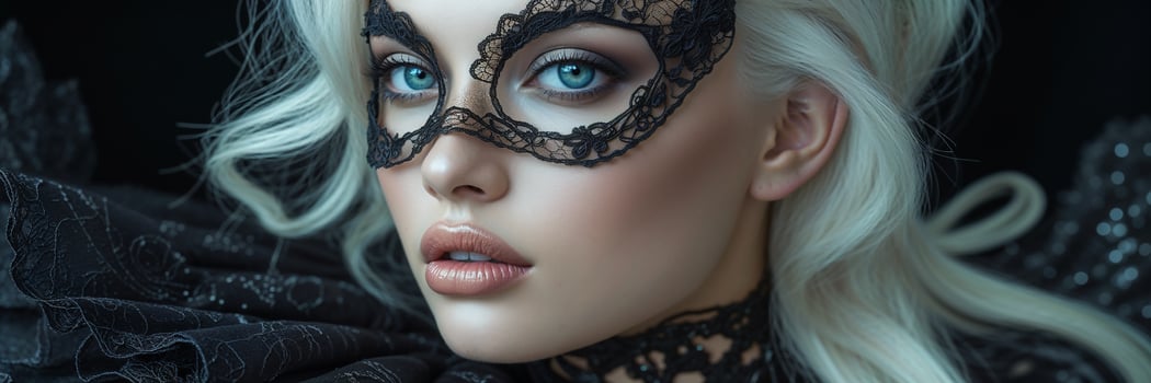 Face of a beautiful glamorous woman, black lace, blonde photo