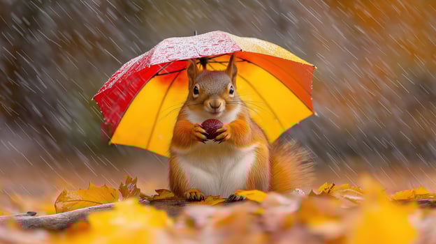 Funny red squirrel sheltering from rain under colorful umbrella while holding nut in autumn forest photo