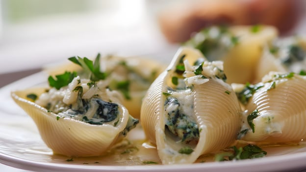 Glistening conchiglie shells filled with creamy ricotta spinach blend and fresh herbs drizzled with olive oil Italian cuisine photo