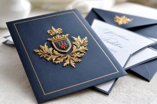 Elegant dark blue invitation with golden royal crest featuring a shield, crown and leaves photo