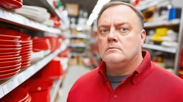Serious shop assistant posing in a tableware store with red plates and bowls, concerned expression about sales and the retail environment photo