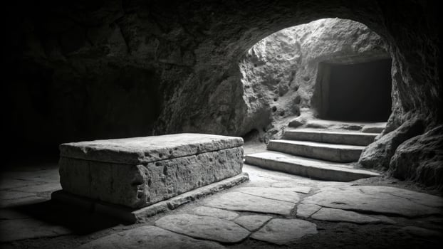Exploring the empty tomb interior ancient cavern high-contrast black and white image stone environment photo
