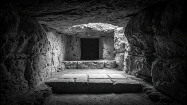 Exploring the empty tomb interior ancient burial site black and white photography natural cave environment dramatic viewpoint photo