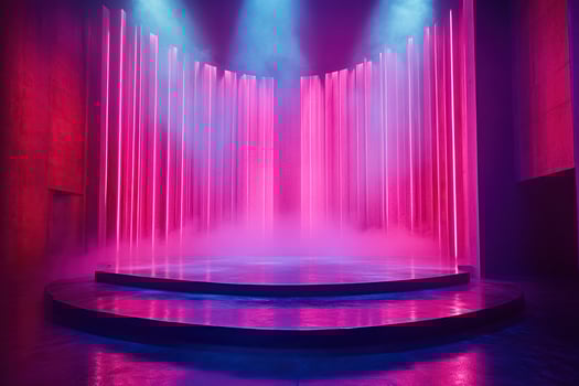 Round empty marble podium on bright neon background. Generated by artificial intelligence photo