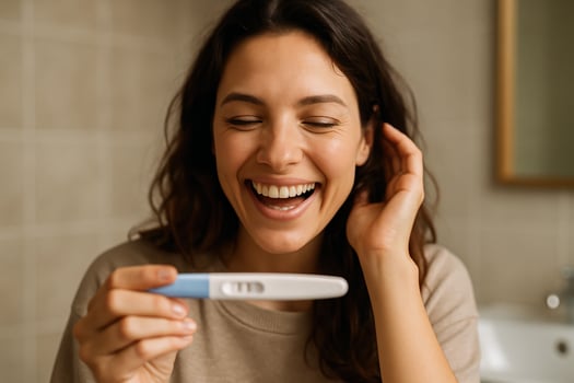 Joyful Young Woman Holding Positive Pregnancy Test at Home in a Bright Room with Natural Lighting photo