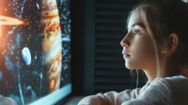 This young student observes visuals of the universe, engaging with educational content. photo