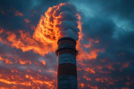 A smoke stack is seen in the sky at sunset photo