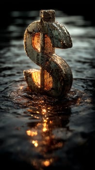 A glowing dollar sign submerged in reflective water. Gold prices plunge. photo