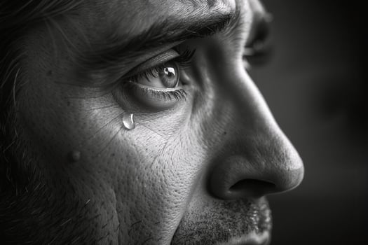 Sad mature man with tear rolling down his cheek photo