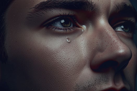 Young man crying with tear rolling down cheek, sadness and despair photo
