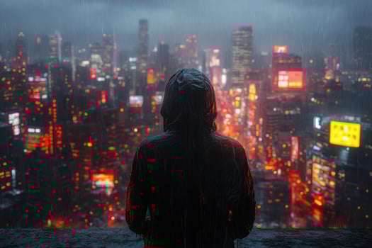 A person in a hoodie looking out over a city at night photo