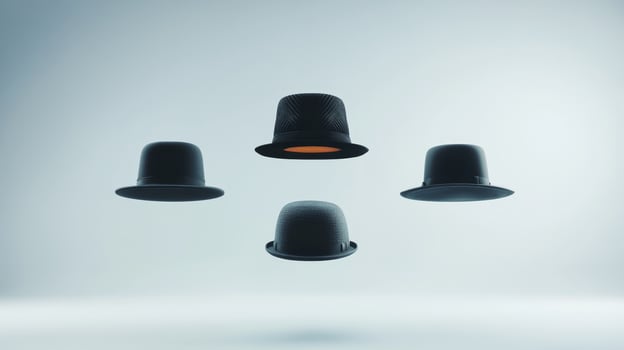 Floating hats arranged in a creative formation against a minimalist backdrop showcasing unique fashion concepts and design aesthetics photo