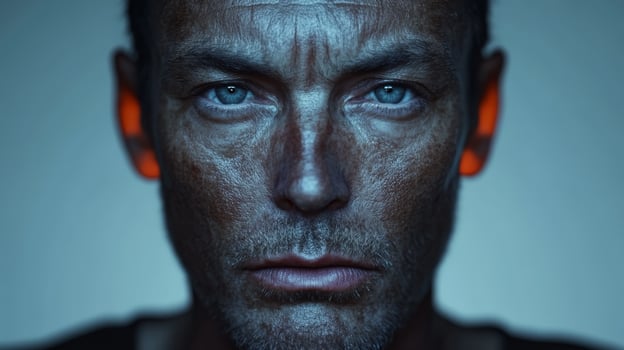 Intense close-up of a rugged man with piercing blue eyes and weathered skin, showcasing strength and character in a dramatic light setting photo