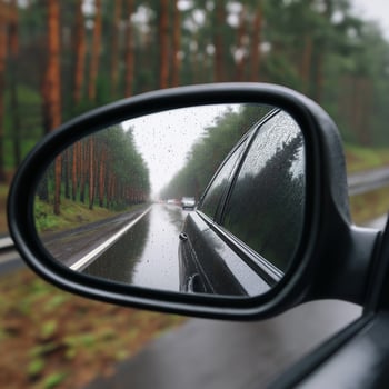 A close-up of a car's side mirror reflecting a rainy forest road with blurred trees and vehicles in the background, capturing a moody and serene atmosphere on a wet day. photo