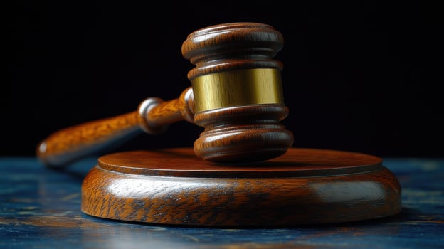 Gavel resting on a wooden block ready for use in a courtroom during legal proceedings photo