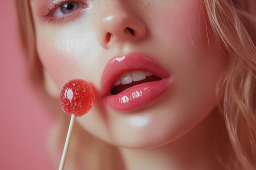 A woman with a lollipop in her mouth photo
