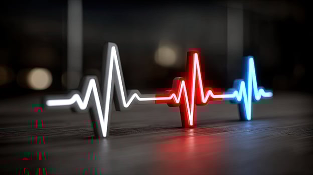 A red and blue heartbeat line on a wooden table photo